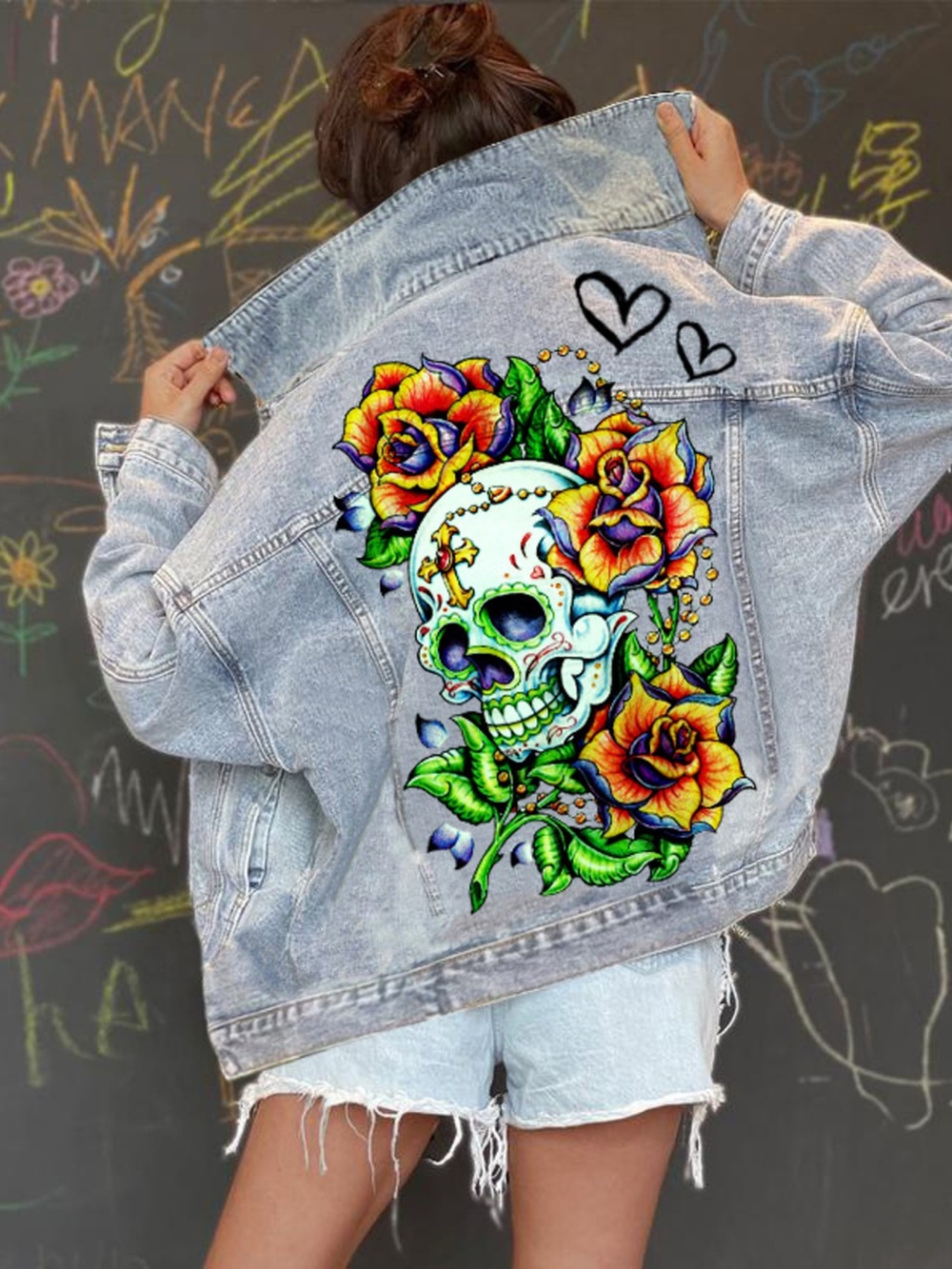 Full Size Skull Graphic Button Up Denim Jacket Plus Size